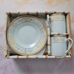 Set of (2) Espresso Demitasse Cups & Saucers by D’Lusso Designs, White Gold NIB